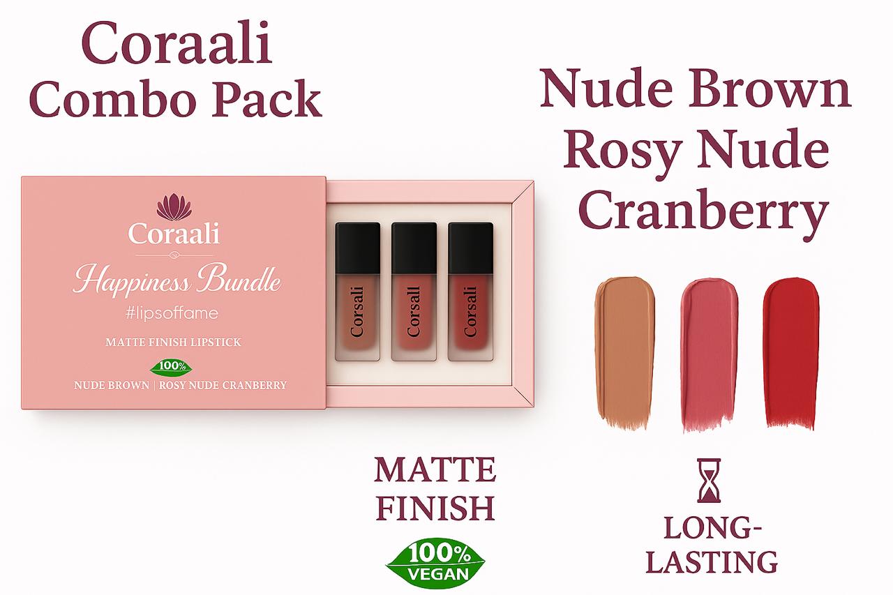 Matte Finish Lipstick Combo Pack of 3 (5ml Each): Nude Brown | Rosy Nude | Cranberry